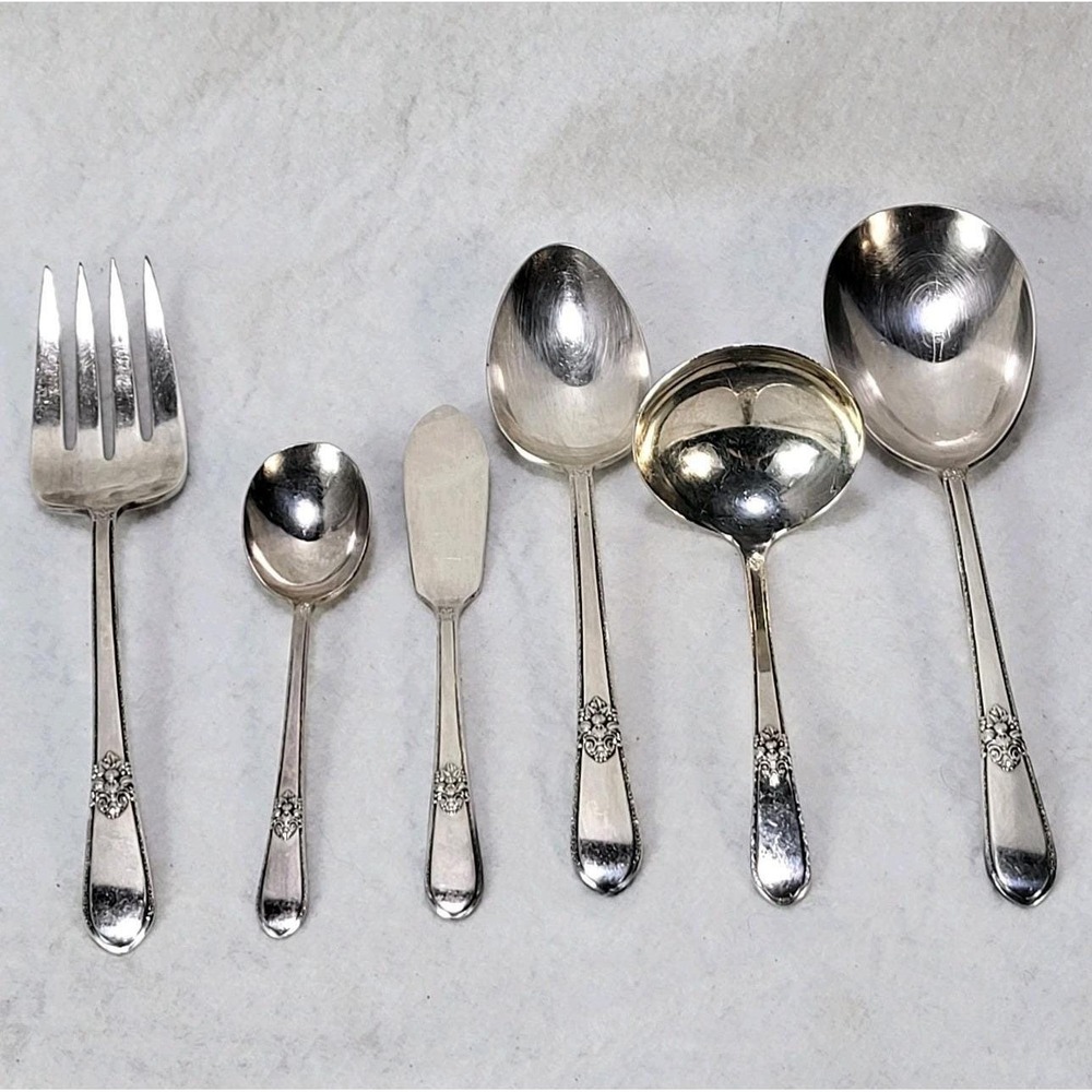 1847 Rogers & Bros Adoration Int'l Silverplate Serving Spoons Knife Fork 6pcs